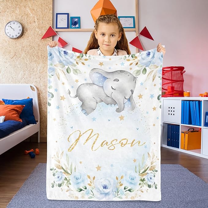 Custom Elephant Blanket with Name for Boys, Personalized Name Blanket for Teen, Soft Flannel Elephant Blankets Customized Gift for Birthday 50"x60"