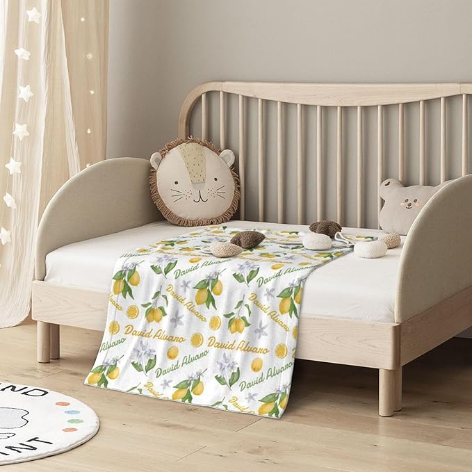 Ship Next Day Personalized Baby Blanket, Printed in USA - Custom Name Toddler Blanket with Lemon Pattern, Personalized
