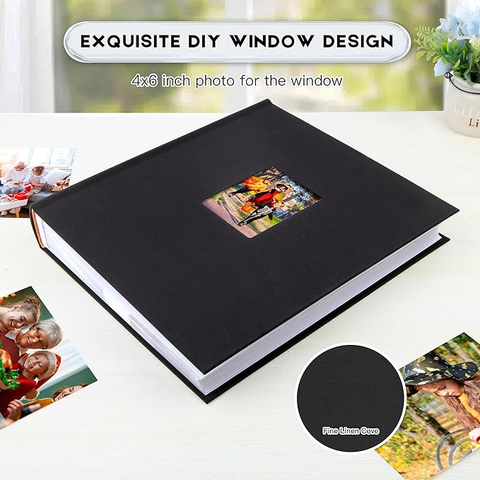 Photo Album 4x6 600 Photos with Writing Space Linen Cover with Front Window Picture Album, 600 Photos 4x6 Photo Album Book for Wedding Kids Travel Family Baby Pictures (Black)