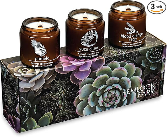 Hemlock Park Apothecary Wood Wick Candle Trio | Gift Set of Three 4 oz Candles Handcrafted with Natural Coconut Wax (Citrus | Pomelo, Yuzu Citrus, Blood Orange Sage)