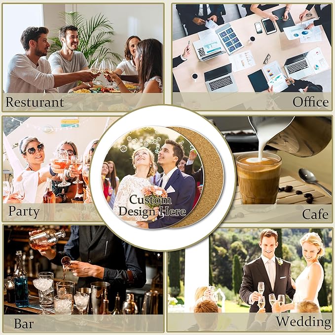 Custom Coasters, Personalized Ceramic Drink Coasters with Photo, Text or Logo – 4 Inch Round Absorbent Coaster with Cork Bottom & Holder – Gift for Home, Wedding, Bar, Coffee (Round Version)