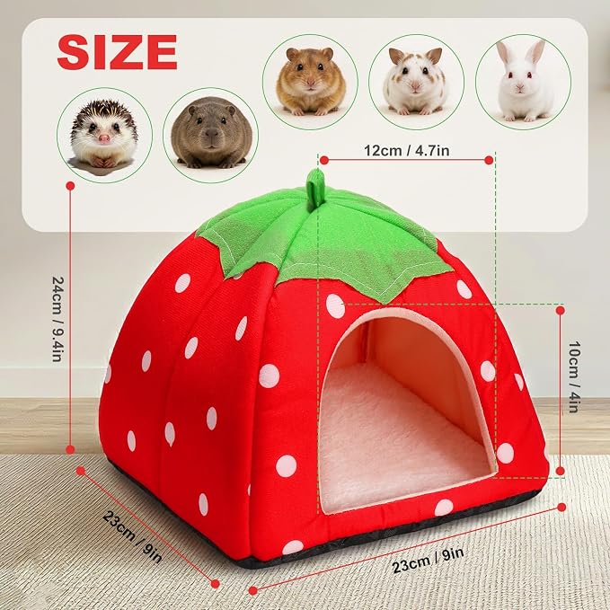 Guinea Pig Bed Rabbit Hideout Warm Fleece Cuddle Cup Washable Sleeping House for Small Animals Pet/Ferret/Chinchilla/Bunny Strawberry Red