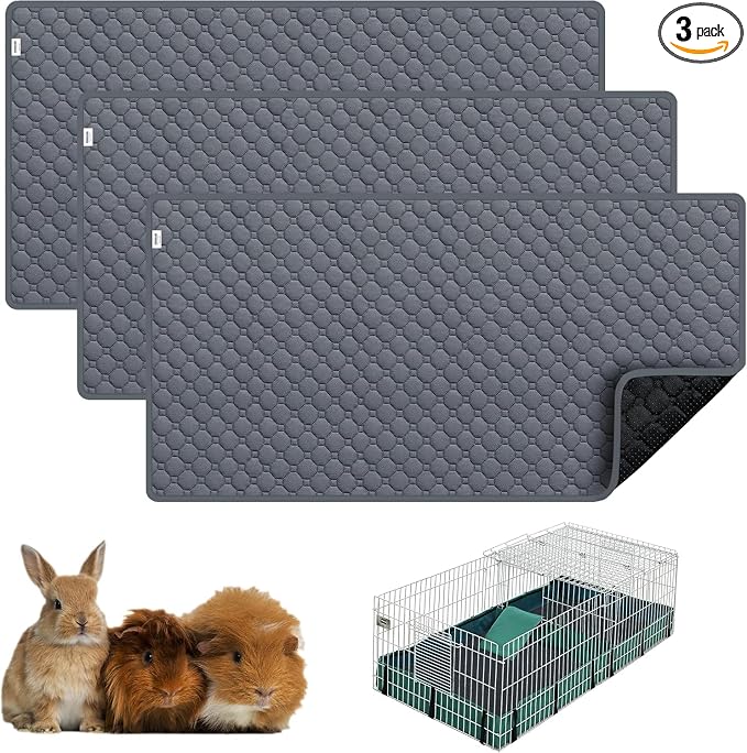 Washable Guinea Pig Cage Liner, 24"x36" Fleece Bedding 3 Pack, Gray | C&C 2x3 Cage Bedding, Absorbent, Non-Slip, Waterproof Rabbit Bedding, Machine Washable, Small Animal Cage Accessory