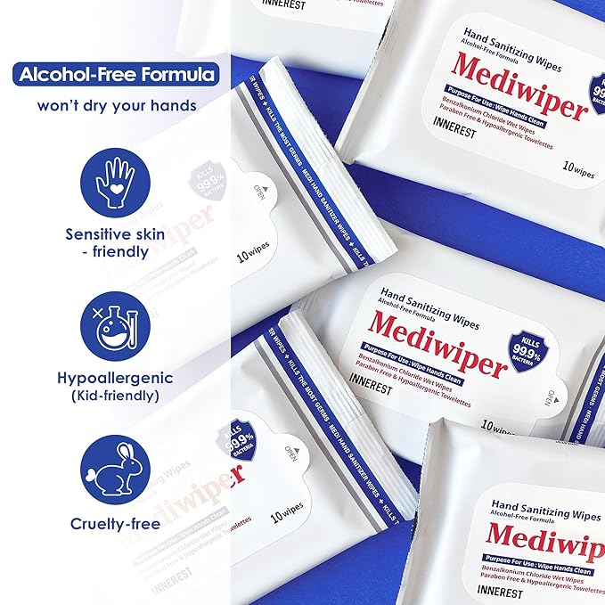 MEDIWIPER 10count Unscnted Alcohol-Free Hand Sanitizing Wipes, Antibacterial Wet Wipe, Hand Sanitizer (2000 Wipes (10 * 200))