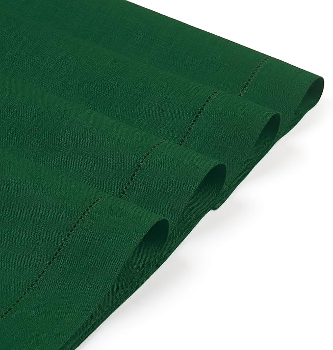 D'Moksha Homes Linen Placemats Set of 6 - Classic Hemstitch Forest Green Placemats 14 x 19 Inch - 100% Pure Linen Table Mats for Thanksgiving, Christmas, Holiday - Handcrafted and Machine Washable