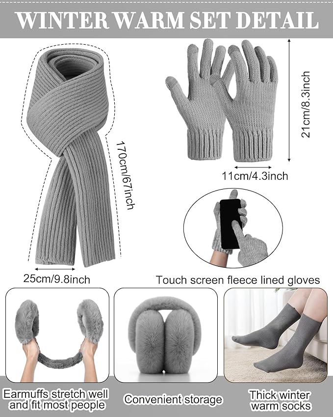 Geyoga 6 Pcs Winter Warm Fleece Knit Hat Long Scarf Touchscreen Gloves Ear Muffs Socks Sets, Winter Warm Gifts for Women