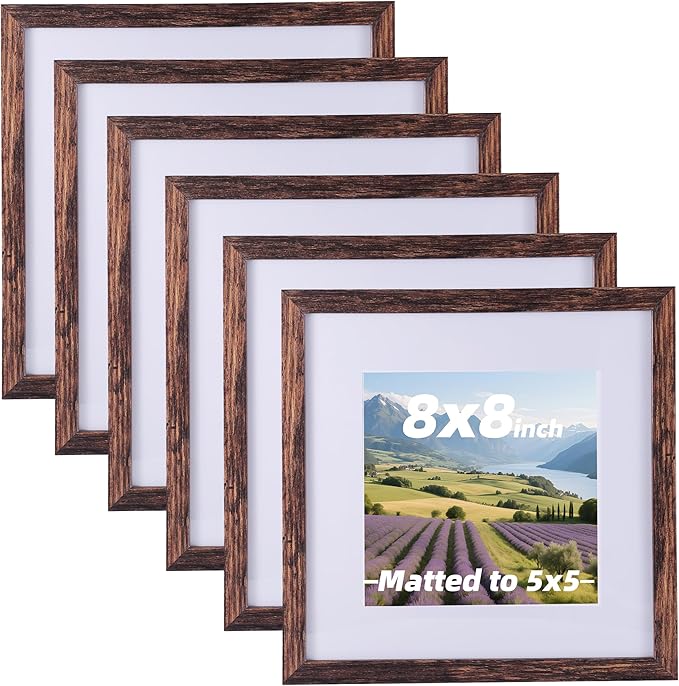 6 Pcs 8x8 Rustic Brown Wood Picture Frame - Display Pictures 5x5 with Mat or 8 x 8 without - Distressed Brown Wooden Photo Frames for Wall Mounting or Table 8 8 Matted to 5x5 Farmhouse Set of 6