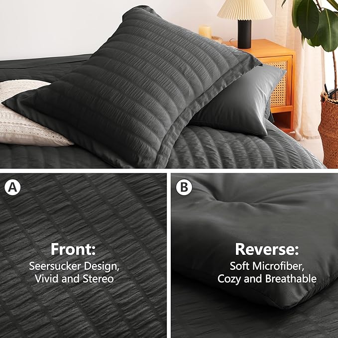 CozyLux King Size Comforter Set Dark Grey Seersucker 7 Pieces Bed in a Bag King Comforter Set with Sheets, Luxury Bedding Set with Down Alternative Comforter, Sheets, Pillowcases & Shams All Seasons