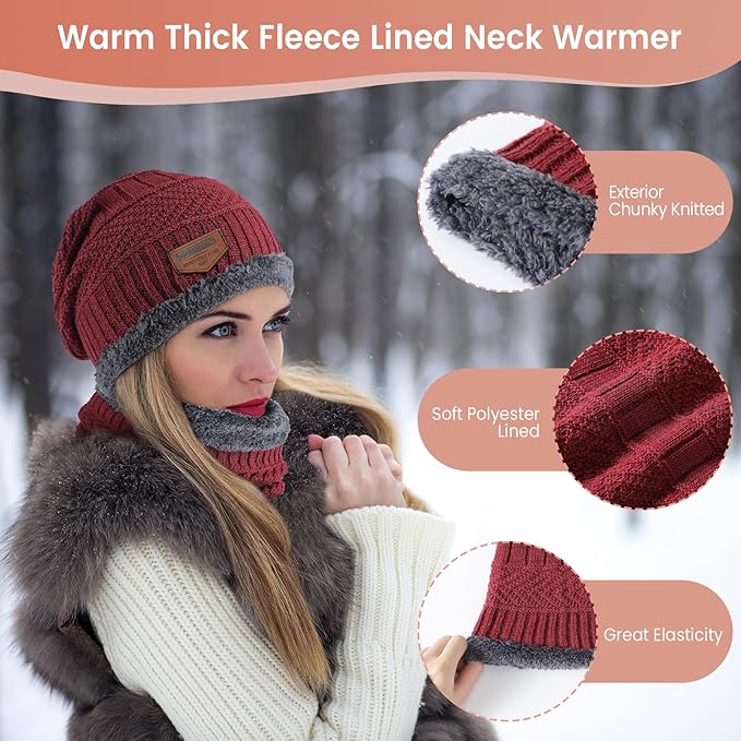 Winter Beanie Hat Circle Scarf Touchscreen Gloves Set, Snow Knit Skull Cap, Warm Thick Fleece Lined Neck Warmer for Men Women