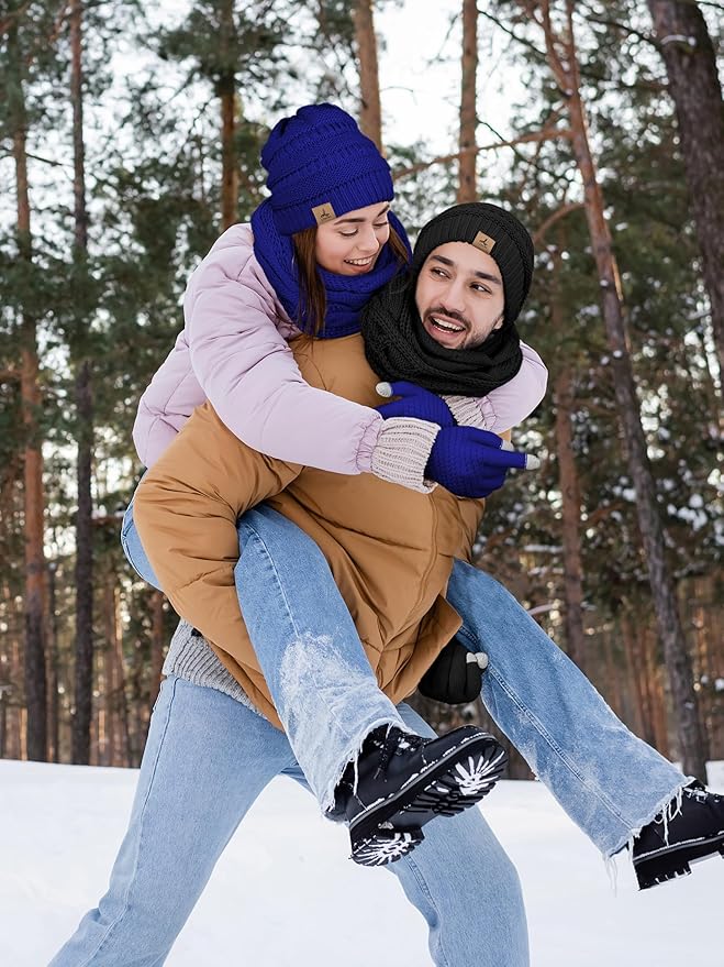 Winter Beanie Hat Scarf Gloves, Warm Fleece Knit Hats Touch Screen Gloves Neck Scarf Set Winter Gifts for Unisex Adult