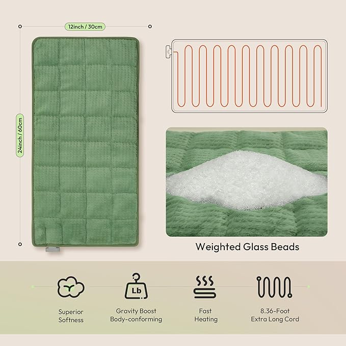 GOTCOZY Weighted Heating Pad 12"X24" - Electric Heat Pad for Back Neck Shoulder Pain Relief,6 Heat Settings,3H Auto Shut Off, Birthday Gifts for Women Men, Dad, Mom (Sage Green)