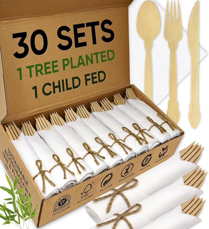 Luxury Pre-Rolled Napkin and Bamboo Cutlery Set (30 Pack, 120 PCS) 100% Biodegradable, Eco-Friendly, Disposable Wrapped Cutlery - Includes Pre-Wrapped Bamboo Forks, Knives, Spoons, & Napkins