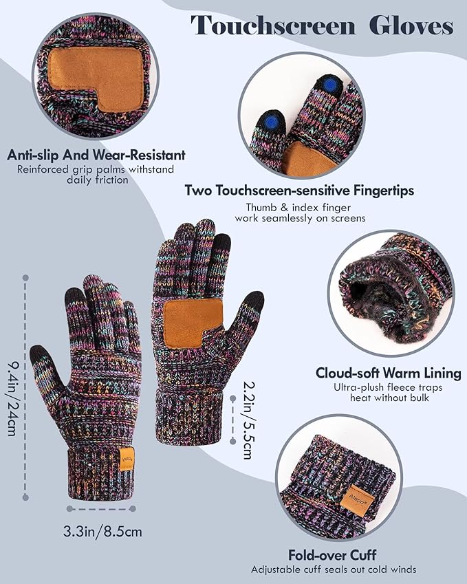 Winter Beanie Hat Scarf Gloves Set for Women, Slouchy Beanie Long Scarf Touchscreen Gloves, Warm 3 in 1 Christmas Gift Set