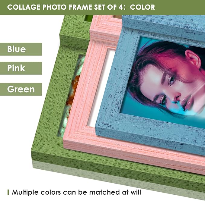4x6 Collage Picture Frame Tempered Glass Front, Displays Four 4x6 Photo, Family Photo Collage Frame, Wall Decor Wall Hanging or Tabletop, Green