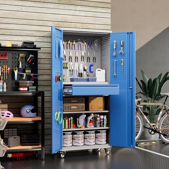71" H Metal Garage Storage Cabinet with Wheels and Doors,Rolling Tool Cabinet with Pegboard,Rod and Drawer for Garage Warehouse Home,Required Assembly,Grey and Blue