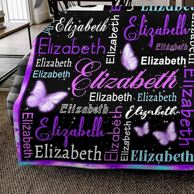 Custom Blanket, Personalized Baby Blanket Customizable Name Customized Baby Name Throw-Blanket Purple Butterfly Pattern Customize Blankets for Baby Girl or Boy Best Gift for Baby Newborn New Mom
