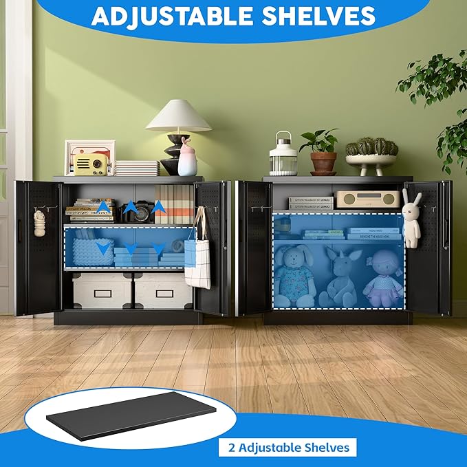 Metal Storage Cabinet with 2 Lockable Doors and 2 Adjustable Shelves, Locking Garage Storage Cabinet with Pegboard, Small Metal Cabinet with Lock for Garage, Home, Black, Assembly Required
