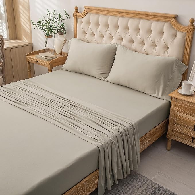 PURE ERA Jersey Knit 3pcs Bed Sheet Set 100% T-Shirt Heather Cotton Super Soft Comfy Breathable Fits Mattress Up to 20" Extra Deep Pocket (Dark Beige,Twin XL)