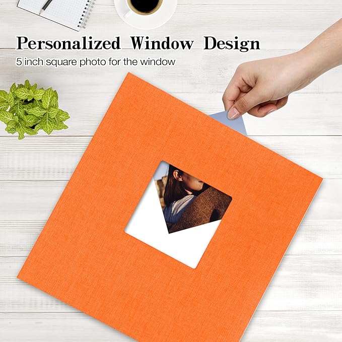 potricher Large Photo Album Self Adhesive 3x5 4x6 5x7 8x10 10x12 Pictures Linen Cover 80 Blank Pages Magnetic DIY Scrapbook Album with A Metallic Pen (Orange, 13.2x12.8 inch 80 Pages)