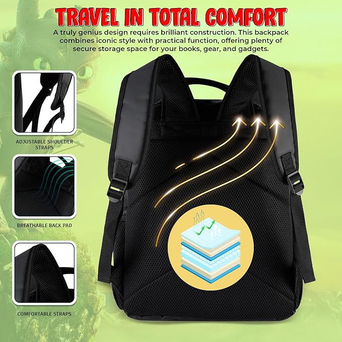 AI ACCESSORY INNOVATIONS How to Train Your Dragon Toothless Backpack, Black 16 Inch School Bag with 3D Face Applique, Green Eyes, Lightning Bolt Keychain, for Boys and Girls