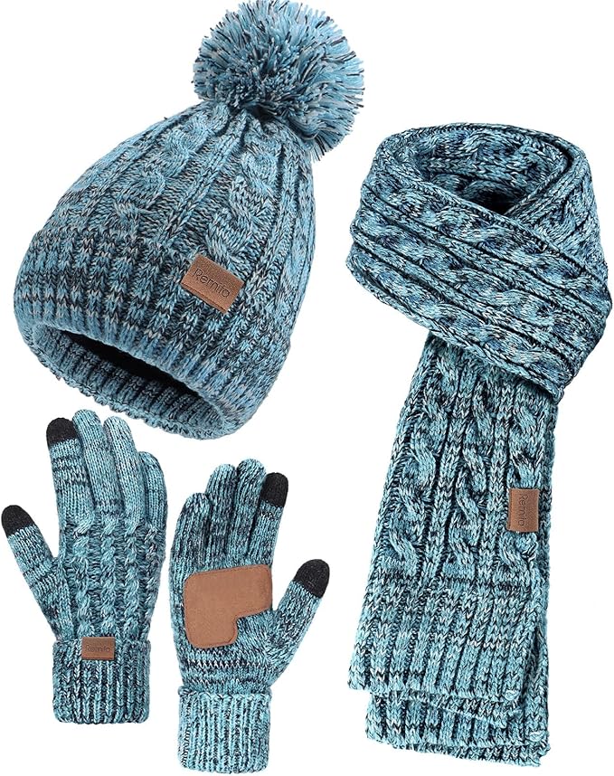 Remifa Winter Hat Scarf Gloves Set for Women, 3 PCS Beanie Hat Touchscreen Glove Long Neck Kint Scarf Valentines Gifts