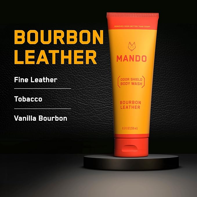 Mando Odor Shield Body Wash - 24 Hour Control - Removes Odor Better than Soap - SLS and Paraben Free, Skin Safe - 8.5 Ounce (Bourbon Leather)
