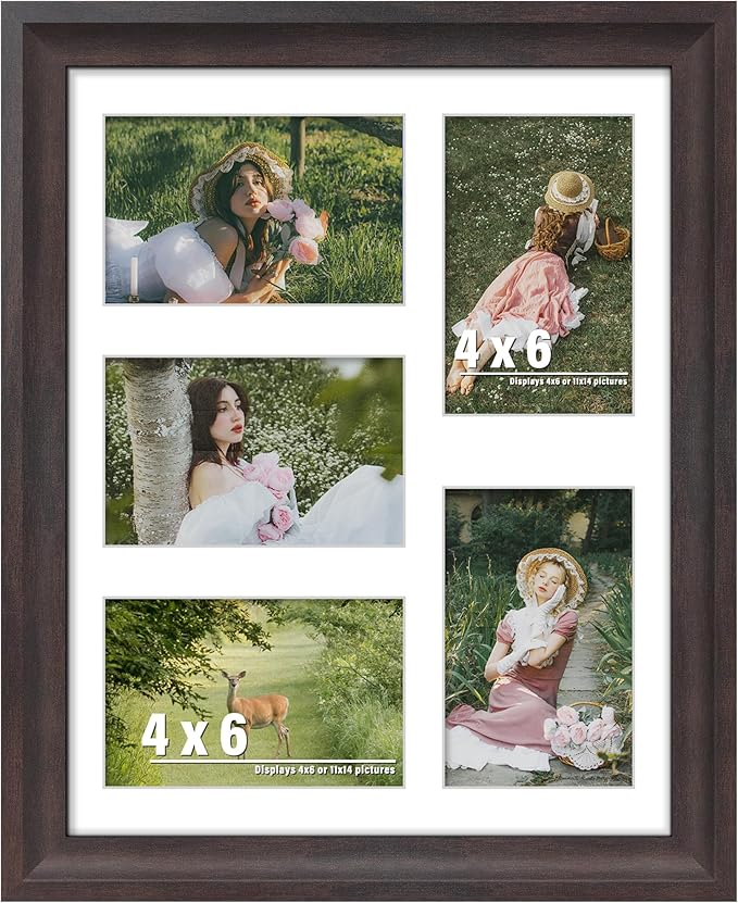 11x14 Picture Frame 4x6 Collage Picture Frame Displays Five 4x6 inch Photos or 11x14 (Without Mat) Wall Decor or Tabletop Walnut
