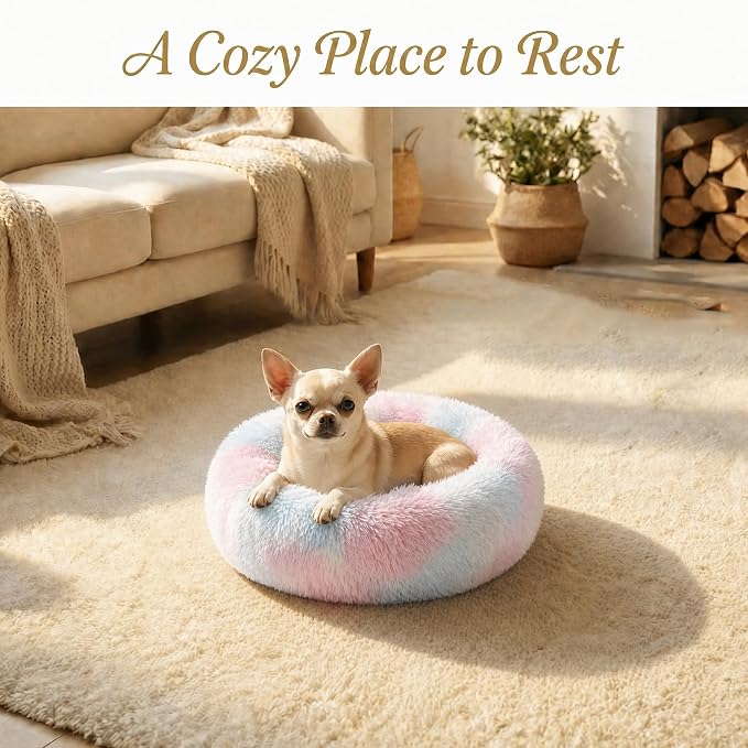 Tiny Dog Bed for Extra Small Dogs for Chihuahua Pomeranian Toy Poodle | 15 Inch Washable Puppy Bed,Soft Faux Fur Calming Donut Bed,Rainbow