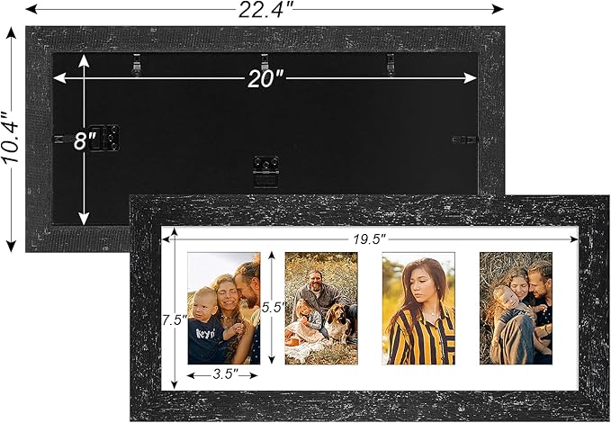 8x20 Picture Frame Display 4 opening 4X6 Picture Frame Collage,Multi Photo Frame with Mat,Plexiglass,Wall or Tabletop Decor,Black Wood Grain