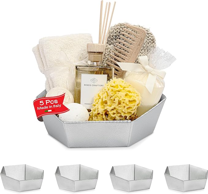 Pack of 5 Sturdy Empty Gift Baskets Made in Italy - Ideal for Baby Shower, Wedding and for Any Occasion - 8" x 6.69" x 2.75" Silver