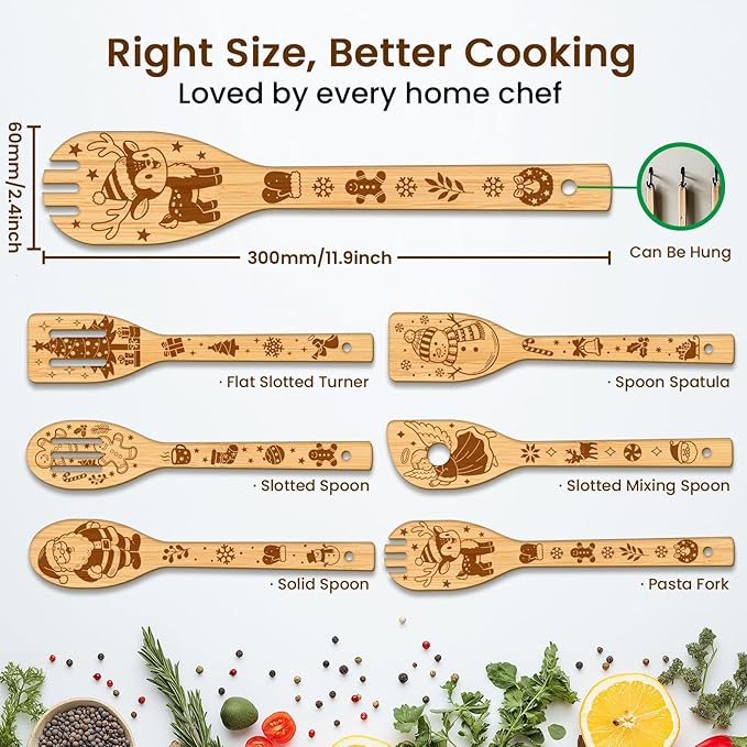 CUTHOLLOW 6PCS Christmas Wooden Kitchen Cooking Utensil Set, 11.9in Non Toxic Bamboo Wood Spoon Set for Cooking, Best Housewarming Birthday Thanksgiving Christmas Gift for Women Mother