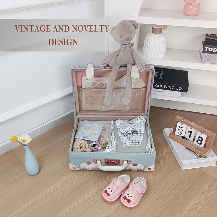 Unitravel Baby Keepsake Case, Handmade Memory Storage Box, Newborn Keepsake Box, Vintage Suitcase for Baby Shower, Baptism, Naming Ceremony or Birthday