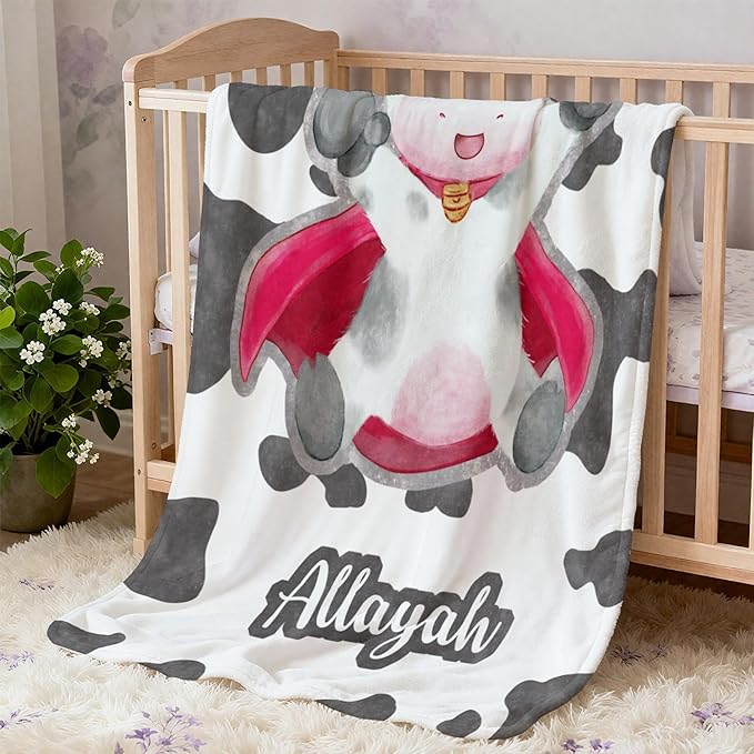 Personalized Baby Blankets for Girls Boys, Custom Cow Print Blanket for Baby Kids, Customized Cow Blanket with Name Super Soft, 30"x 40"