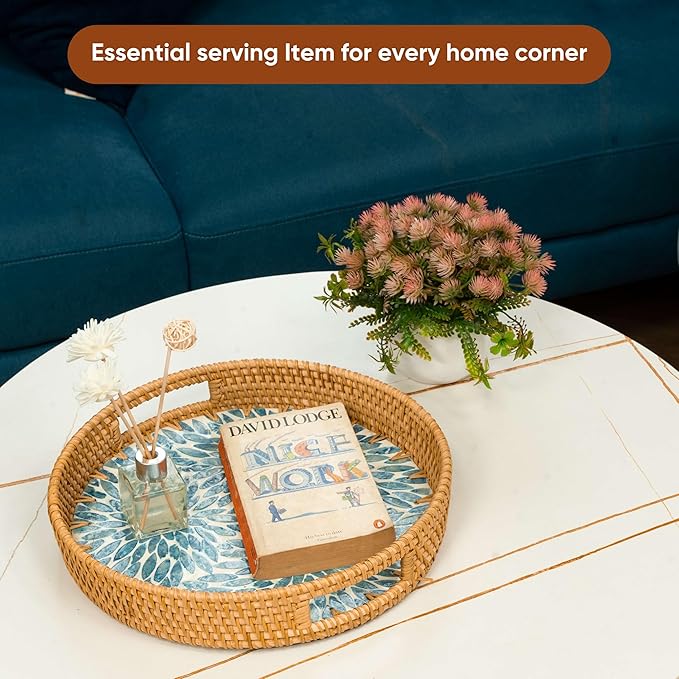 KOLWOVEN Round Rattan Tray with Handle, Rattan Serving Tray with Mother of Pearl Inlay Wooden Base, Decorative Wicker Basket for Table Decor (Blue Flower)