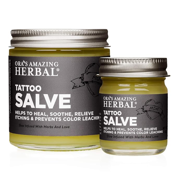 Ora's Amazing Herbal, Tattoo Salve, Tattoo Aftercare Balm| Color Enhancement for Old Ink | Itchy Relief Cream Ointment for New Tattoo| Paraben Free, Plastic Free| | Faster Healing | 1 and 4 oz set