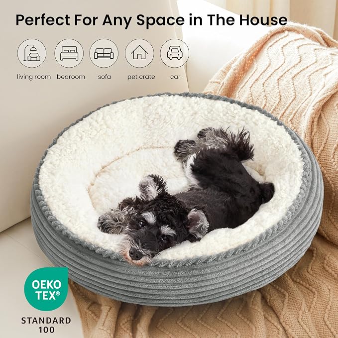 Love's cabin Round Donut Cat and Dog Cushion Bed, 24in Pet Bed for Small or Medium Dogs, Anti-Slip & Water-Resistant Bottom, Soft Durable Fabric Pet Beds, Washable Calming Cat Bed Light Grey