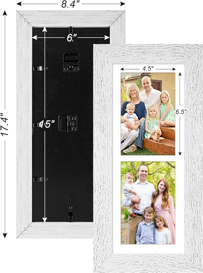 6x15 Picture Frame Display 2 opening 5X7 Double Picture Frame Collage,Multi Photo Frame with Mat,Plexiglass,Horizontal and Vertical Formats for Wall Decor,Distressed White Wood Grain