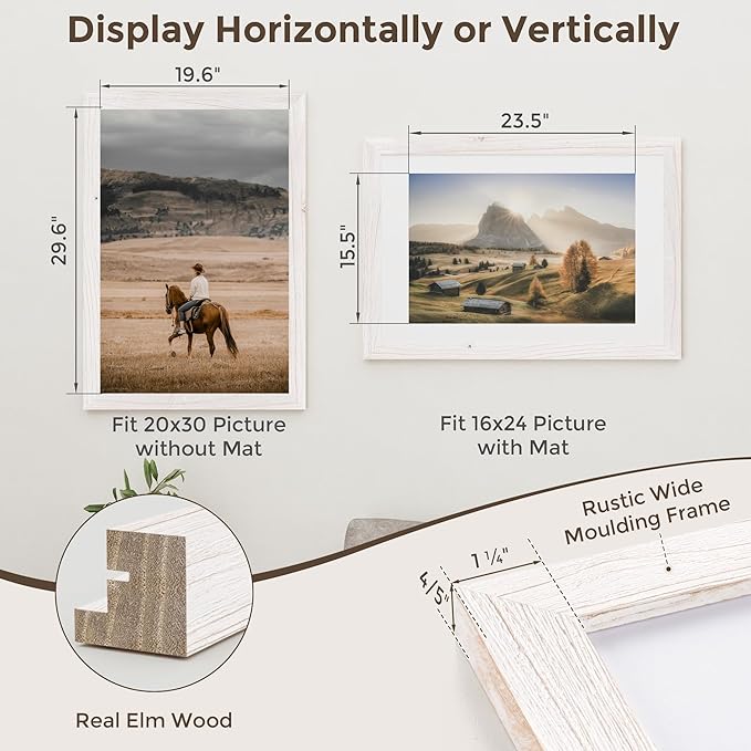Fun Memories 20x30 Picture Frames, 20"x30" Poster Frame for Wall, 20 x 30 Rustic Wood Frame with Real Tempered Glass, Display Poster 16x24 with Mat or 20 x 30 Without Mat, White, 1 Pack