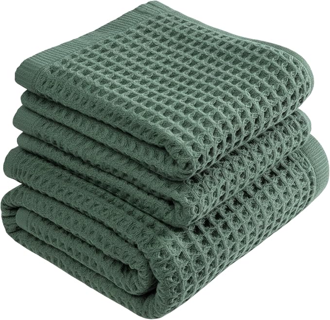 DEMMEX Organic Cotton Waffle Weave Turkish Towel Set for Bathroom, 100% OEKO-TEX Certified Super Soft Turkish Cotton, Lightweight & Quick Dry, 1 Bath & 2 Large Hand Towels, 30x60/20x30 in., Sage Green