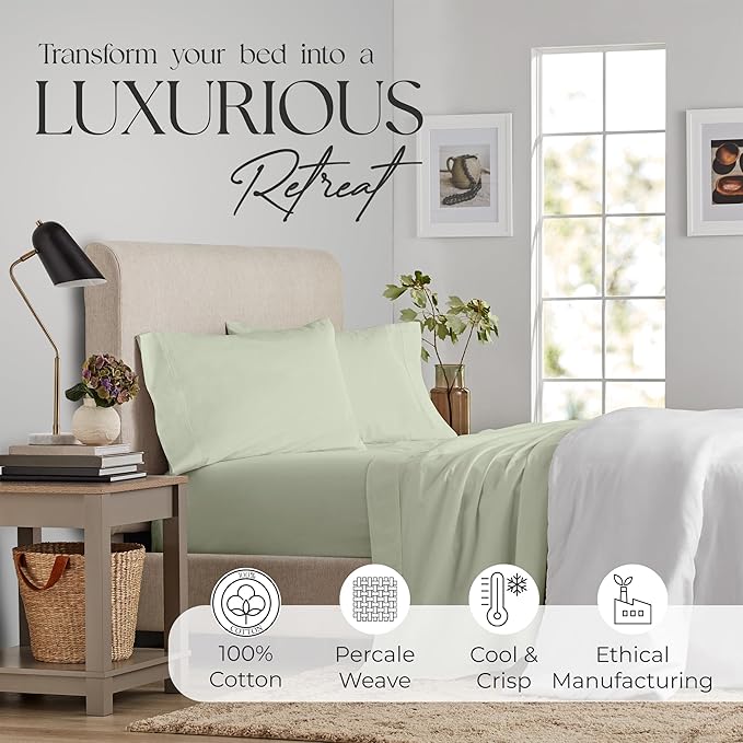 SUPREME ELEGANCE Queen Sheet Set – Natural 100% Long Staple Cotton Percale Sheets Queen Size Bed Set, Deep Pocket Snug Fit, Oeko-tex Made in Green Sustainable Hotel Quality Bedding, Brownish Grey