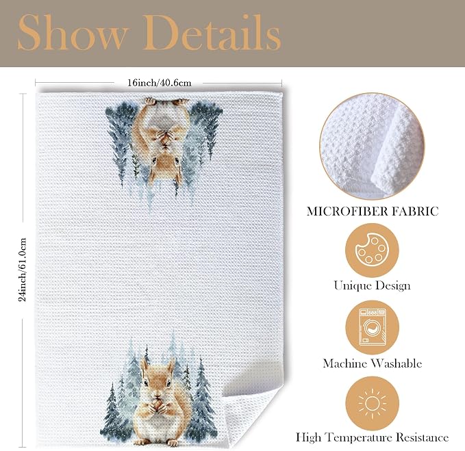 Winter Christmas Squirrel Kitchen Towels, Gifts for Squirrel Lovers Dish Tea Towels for Kitchen, Winter Pine Tree Forest Decorative Hand Towel for Kids Bathroom Decor, 16x24 Inch