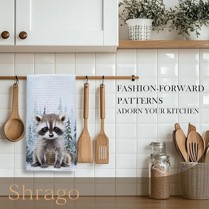 Winter Christmas Raccoon Kitchen Towels, Gifts for Raccoon Lovers Dish Tea Towels for Kitchen, Winter Pine Tree Forest Decorative Hand Towel for Kids Bathroom Decor, 16x24 Inch