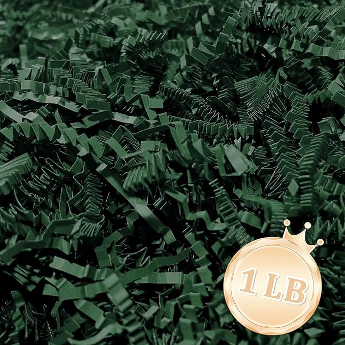 1 LB Dark Green Crinkle Cut Paper Shred Filler Great for Gift Wrapping, Dark Green Basket Fillers, Birthday, Gift Wrapping, Anniversary, Halloween Thanksgiving Christmas Party Decor Filling Supplies
