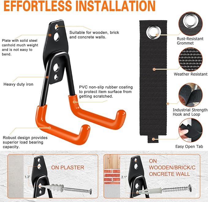 26 Pack Garage Hooks Heavy Duty Utility Steel with Anti-Slip Coating Wall Mount Storage Organizer for Hanging Power and Garden Tools, Ladders, Hose, Bikes, Ropes, Bulk Items, and More