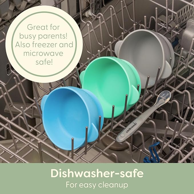 UpwardBaby Silicone Baby Bowls & Spoon Set - 4-Piece Set, Gray, Mint & Blue - Suction Bowls for Baby & Toddler, Dishwasher & Microwave Safe, Self-Feeding Spoon