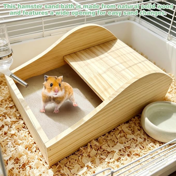 PINVNBY Hamster Sand Bath Box Wooden Shower Room Digging Sand Bathtub Container Hamster Bathroom for Dwarf Syrian Mice Mouse Gerbils with Small Bowl