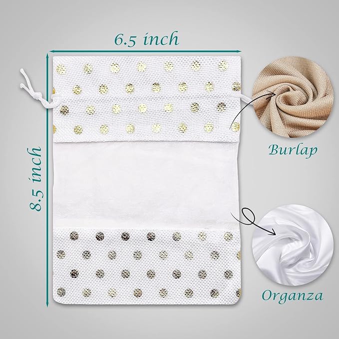 12-Pack Large Linen Burlap & Organza Gift Bags w. Drawstrings (6.5x8.5 in, White/Gold Polka) - Party Favors, Presents, Samples & Treats Mesh Pouch by The Display Guys