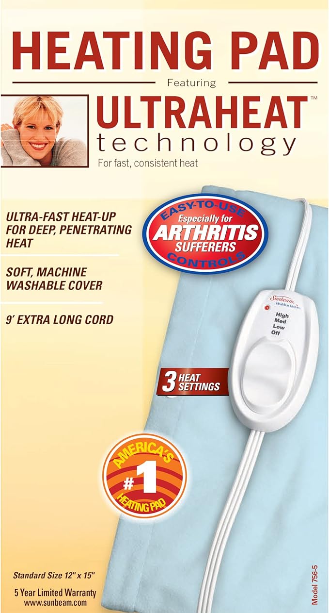 Sunbeam Heating Pad for Pain Relief | Standard Size Ultra Heat, 3 Heat Settings | Light Blue, 12 Inch x 15 Inch