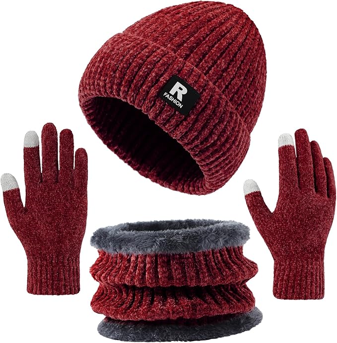Winter Beanie Hat Circle Scarf Gloves Set for Men Women, Thick Warm Chenille Skull Cap Touchscreen Gloves Neck Warmer