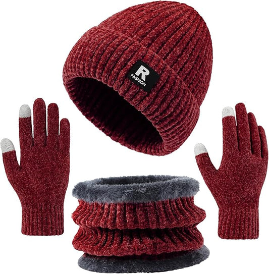 Winter Beanie Hat Circle Scarf Gloves Set for Men Women, Thick Warm Chenille Skull Cap Touchscreen Gloves Neck Warmer